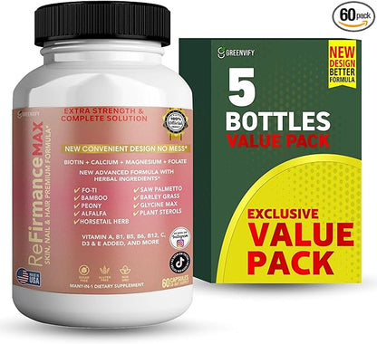 ReFirmanceMax Hair Growth Supplement, 60 Capsules, with Biotin 5000mcg, Vitamins B12, Calcium, Saw Palmetto, 30 Day Supply (5)
