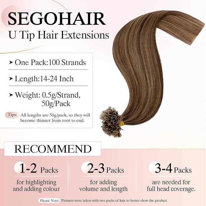 U Tip Hair Extensions Human Hair Pre Bonded Extensions Keratin Fusion Extensions K Tip Hair Extensions Real Human Hair Silky Straight Natural 50g/100 Stands 14" Medium Brown Mix Dark Blonde