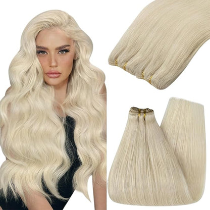 YoungSee Weft Human Hair Extensions Blonde Sew in Real Hair Extensions Platinum Blonde Soft and Silky Sew in Weft Human Hair Extensions 24Inch 100G