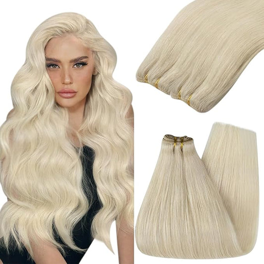 YoungSee Weft Human Hair Extensions Blonde Sew in Real Hair Extensions Platinum Blonde Soft and Silky Sew in Weft Human Hair Extensions 24Inch 100G