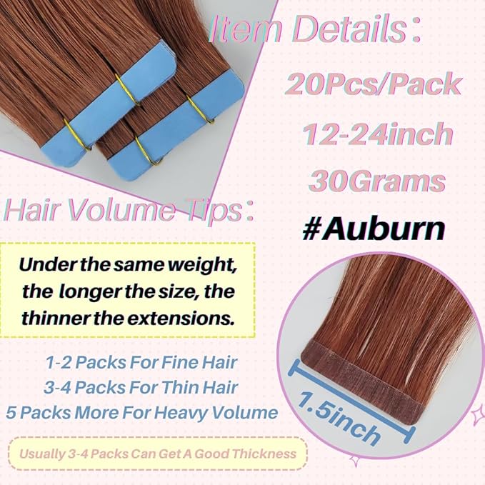 Auburn Tape in Hair Extensions Human Hair Long Invisible Silky Straight Tape in Real Human Hair Extensions for Women