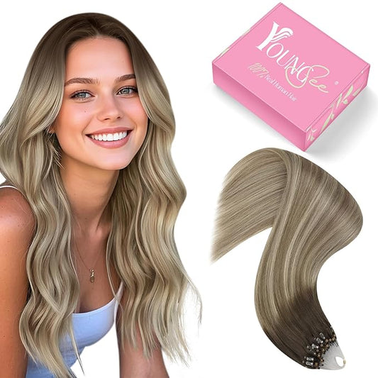 YoungSee Micro Hair Extensions Human Hair Balayage Microlink Hair Extensions Dark Brown Ombre Blonde with Brown Bead Hair Extensions Human Hair Silky Straight for School 18 Inch 1g/s 50g