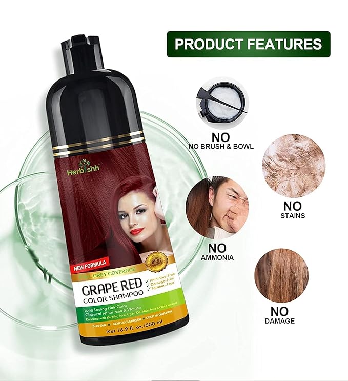 Herbishh Ultimate Hair Color Kit (2 Pcs Grape Red + 1 Argan Mask) for Grey Hair - Permanent, Long-Lasting, Easy-to-Apply Color Shampoo for Men and Women