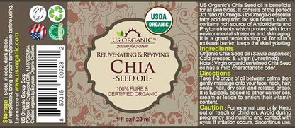 US Organic Chia Seed Oil, Certified Organic, Pure & Natural, Cold Pressed Virgin, Unrefined, Sourced from Paraguay, in Amber Glass Bottle w/Glass Eyedropper (1 oz (30 ml))