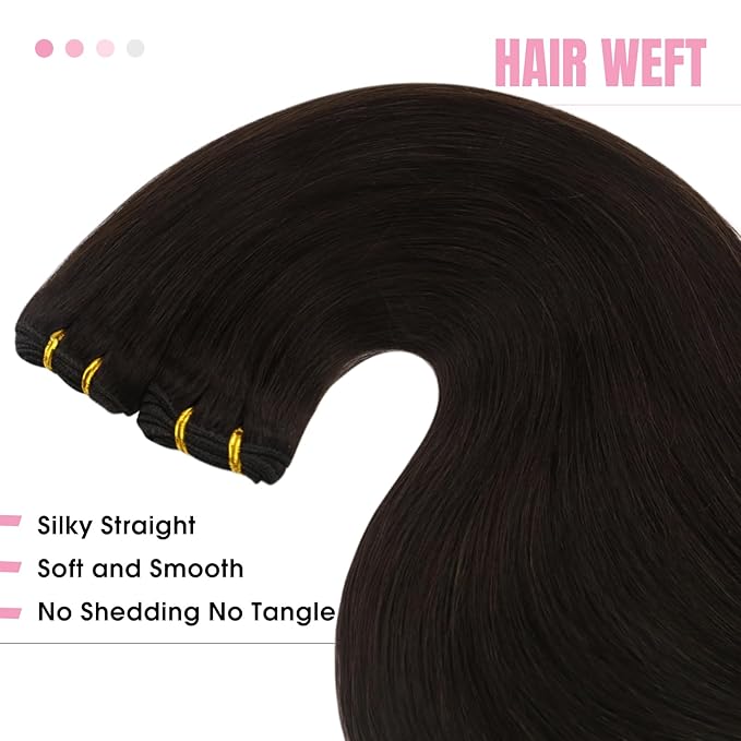 YoungSee 130G Sew in Hair Extensions Human Hair Dark Brown Weft Remy Hair Extensions Darkest Brown Sew in Long Hair Bundle for Normal Occasion 24 Inch