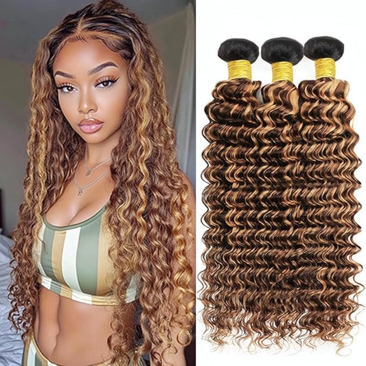 Ombre Honey Blonde Deep Wave Bundles Highlight P427 Deep Curly Bundles Brown and Blonde Brazilian Human Hair Extensions Soft and Silky for Black Women 20 22 24 Inch