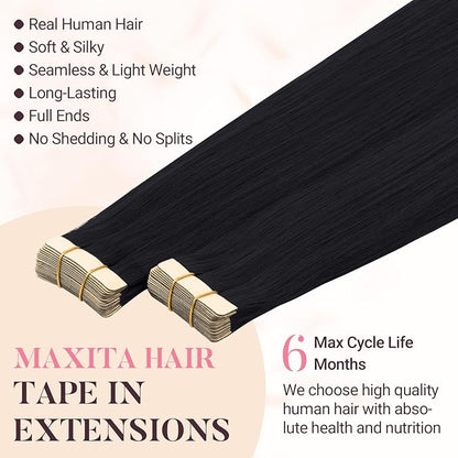 MAXITA Tape in Hair Extensions Jet Black 100% Remy Human Hair 22 Inch 40pcs 100g/pack Straight Seamless Real Hair Extensions Tape in Extensions for Women
