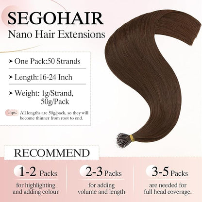Nano Bead Human Hair Extensions - Nano Bond & Tip Extensions, Silky Straight Natural 50g/50 Stands 24" Medium Brown