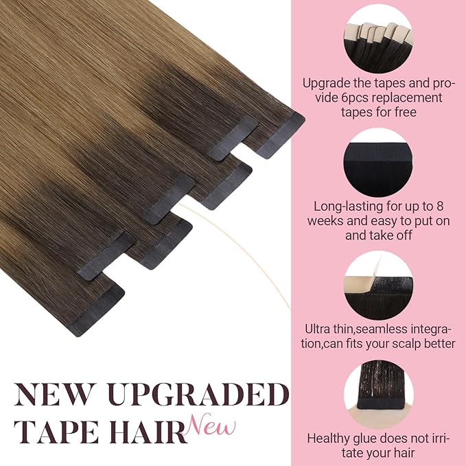 MAXITA Tape in Hair Extensions Human Hair, 20pcs 50g 20 Inch Ash Dark to Light Chestnut Brown Hair Extensions Straight Human Hair Tape ins Skin Weft Seamless Tape in Extensions