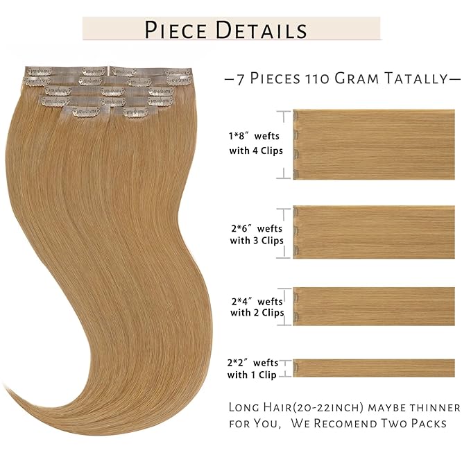 Caliee Caramel Blonde Clip in Hair Extensions 18Inch Fashion Seamless Clip in Human Hair 7Pcs 110G 100% Real Human Hair Clip ins Beauty Silky Short Thick Straight Clip in Hair Extensions