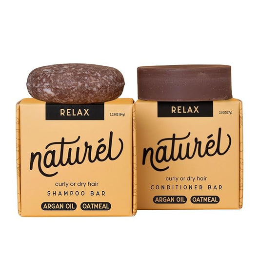 Naturel Relax Moisturizing Shampoo and Conditioner Set with Argan Oil and Colloidal Oatmeal for Curly, Wavy, Dry, or Frizzy Hair - Vegan, Made in USA