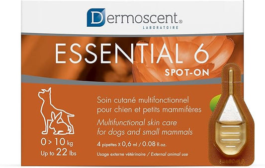 Dermoscent Essential 6 spot-on - Dog Skin Care for Dandruff & Allergy Relief with Vitamin E Oil - Anti Itch for Dogs - Dog & Small Mammals 0-10 kg - 4 Pipettes of 0.6 ml