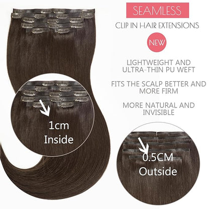 Loxxy Seamless Clip in Hair Extensions 22Inch 110G 7Pcs Light Dark Brown Real Human Hair Clip in Extensions Invisible With PU Clip On Hair Extensions Human Hair For Women Silky Straight #2A
