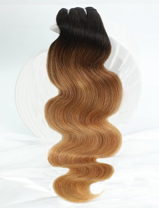 Ombre Bundles Human Hair, 13A Raw Indian Hair Bundles Body Wave, 14 Inch Colored Honey Blonde 1B27 Ombre Human Hair Bundles, 2 Years Service Life, Keep Texture Silky Soft Tangle-Free