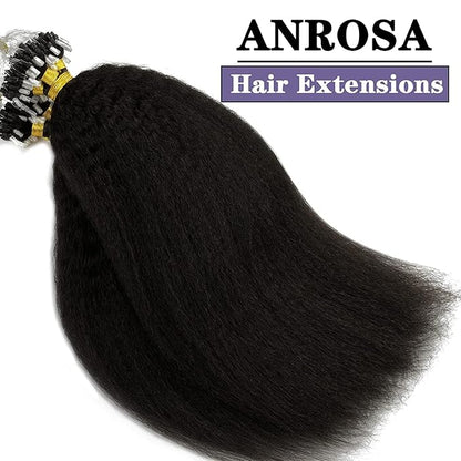 Anrosa Microlink Hair Extensions Human Hair Kinky Straight Micro Loop Hair Extensions 100% Brazilian Virgin Hair Cold Fusion Micro Rings Hair Extensions for Black Women 14 Inch 40g 50 Strands