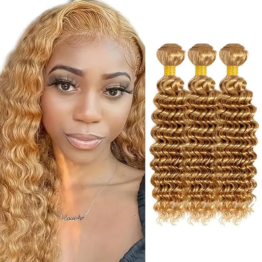 #27 Honey Blonde Bundles Human Hair Deep Wave Bundles 20 22 24 Inch Unprocessed Brazilian Virgin Hair Weave 3 Bundles 50 Grams Per Bundle Blonde Human Hair Extensions For Women