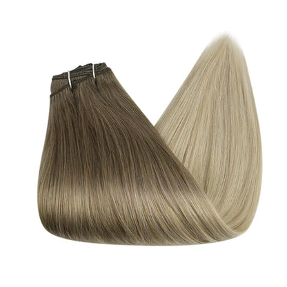 Full Shine Weft Hair Extensions Huam Hair Ombre Sew In Hair Extensions Real Human Hair Sew In Human Hair Bundles Balayage Brown To Ash Blonde Mix Platinum Blonde Weft Extensions 12 Inch 80G