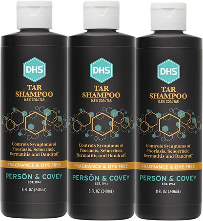 DHS Person & Covey, Inc Coal Tar Shampoo - Dandruff Shampoo for Men & Women, Psoriasis & Dandruff Hair Care for Itchy Scalp, Unscented Seborrheic Dermatitis Hair Care - 8 Fl Oz, Pack of 3