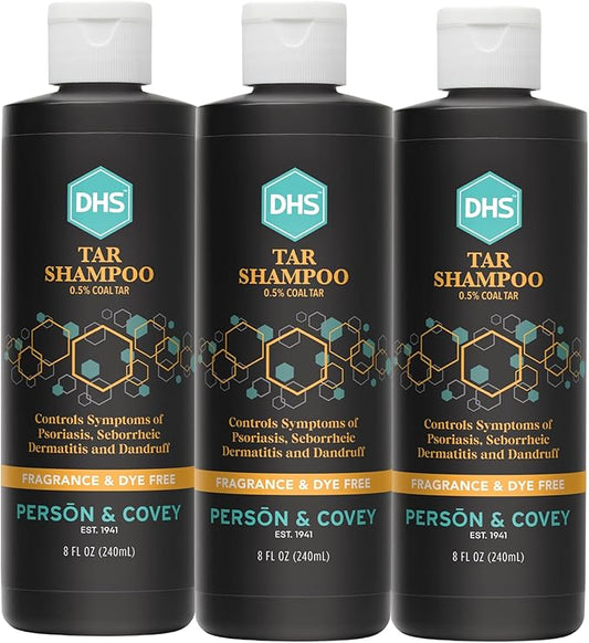 DHS Person & Covey, Inc Coal Tar Shampoo - Dandruff Shampoo for Men & Women, Psoriasis & Dandruff Hair Care for Itchy Scalp, Unscented Seborrheic Dermatitis Hair Care - 8 Fl Oz, Pack of 3