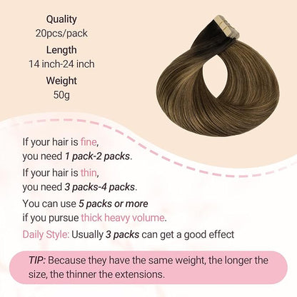 MAXITA Tape in Hair Extensions Human Hair, Real Remy Straight Tape in Extensions, Ash Dark Brown to Warm Brown and Light Chestnut Brown Skin Weft Hair Extensions 14 Inch 50g 20pcs