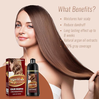 Coffee Hair Dye Shampoo with Argan Oil - 3 in 1 Semi-Permanent Brown Coloring for Men & Women, Easy to Use, 16.9 Fl oz