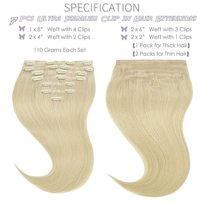 Lacer Clip in Hair Extensions 20 Inch 8Pcs Blonde Clip in Hair Extensions 19 Clips Platinum Blonde PU Weft Seamless Extensions Clip in Human Hair 150 Grams