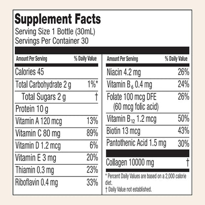 Liquid Collagen - High Collagen Content [10,000 Mg] Per Serving - Hydrolyzed Collagen and 12 Vitamins - Gluten Free- 900 Ml - Pack of 30 Bottles x 30 Ml (1)