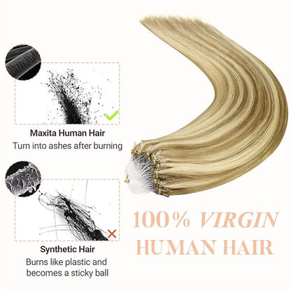 MAXITA Microlink Hair Extensions Human Hair, Light Blonde Highlighted Golden Blonde Micro Bead Hair Extensions Virgin Human Hair, 50g/50 Strands/Pack, 20 In