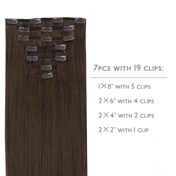 WENNALIFE Clip in Hair Extensions Real Human Hair, 24 Inch 120g 7pcs Chocolate Brown Hair Extensions Clip in Human Hair Remy Clip in Hair Extensions Real Human Hair Double Weft