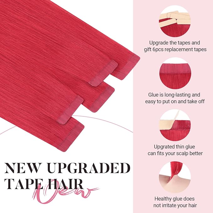 MAXITA Tape in Hair Extensions Human Hair Red Hair Extensions Tape ins, 10pcs 30g 22 Inch Colored Party Highlight Tape in Extensions Straight Soft Real Human Hair Extension
