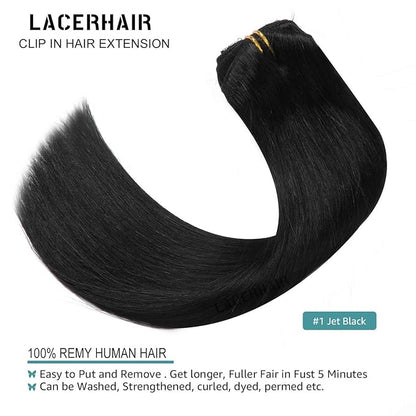 Lacer Hair Extensions Clip in Human Hair Jet Black #1 120g 7pcs Per Set Silky Straight 100% Clip in Hair Extensions Remy Human Hair 14 Inch