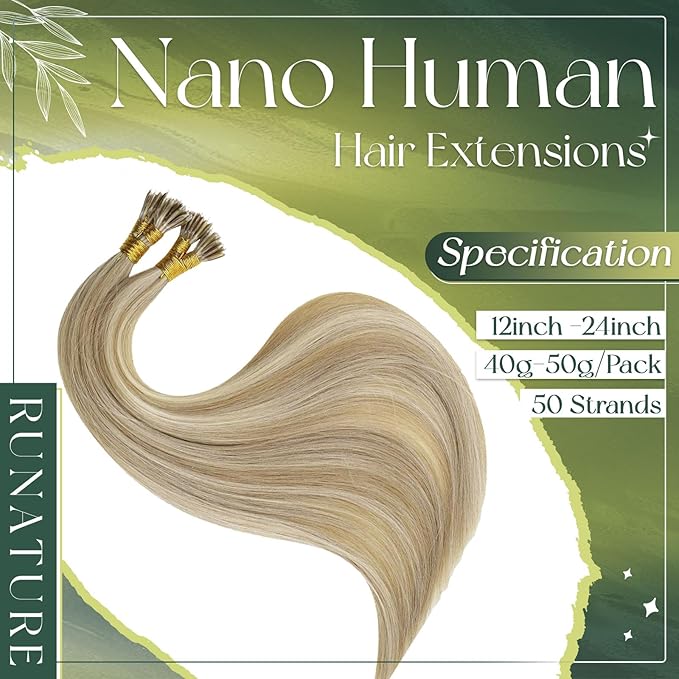 RUNATURE Nano Ring Hair Extensions Blonde Highlight Nano Bead Hair Extensions Human Hair 18 Inch Nano Tip Hair Extension Real Human Hair Ash Brown Highlight Platinum Blonde Soft Silky 50g 50s