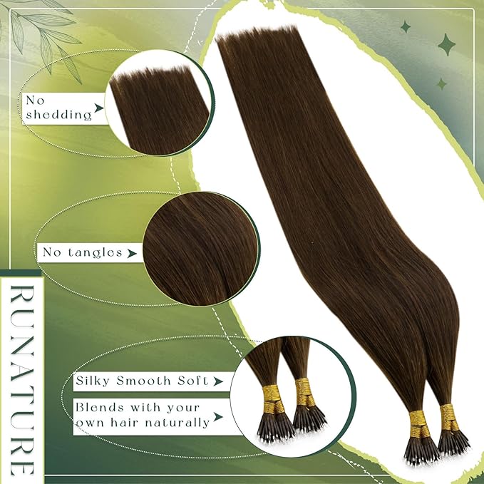 RUNATURE Nano Bead Hair Extensions Real Human Hair Brown Silky Straight 22 Inch 50 Gram 50s,Pre Bonded Nanobead Remy Hair