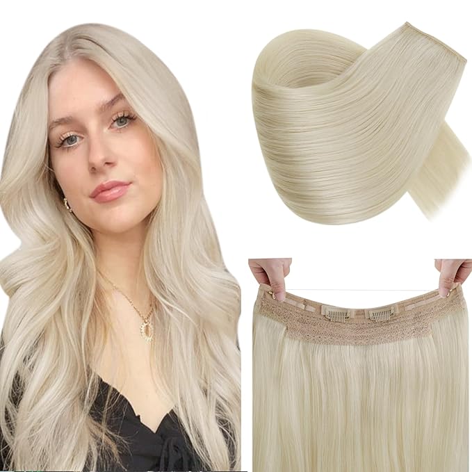 RUNATURE Wire Hair Extensions Blonde Human Hair Extensions with Transparent Fish Line, Real Human Hair, Clip in One Piece Extensions 18 Inch 80g #60 Platinum Blonde