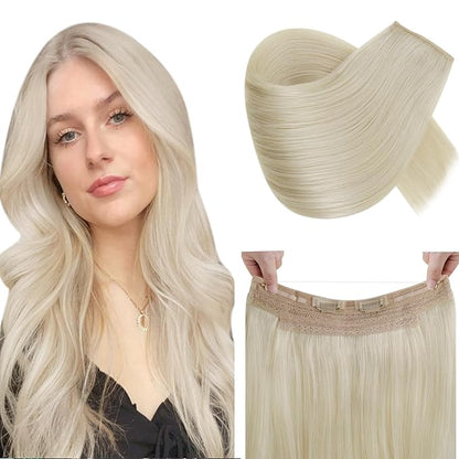 RUNATURE Wire Hair Extensions Blonde Human Hair Extensions with Transparent Fish Line, Real Human Hair, Clip in One Piece Extensions 18 Inch 80g #60 Platinum Blonde