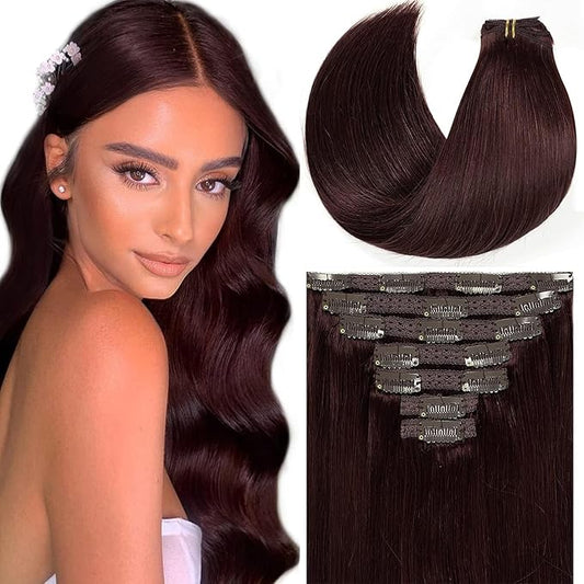 Loxxy 14Inch Hair Extensions Seamless Clip in Human Hair 9A Grade Brazilian Human Hair Extension Red Wine #99J Silky Straight Natural Hair Extensions Clip in Double Weft Human Hair 7pcs 16 Clips 120G