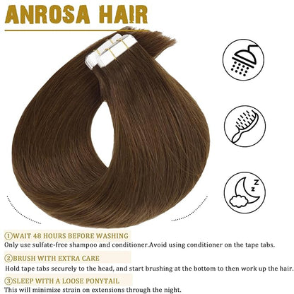 Anrosa Hair Extensions Tape in Color Chocolate Brown 18 Inch 20 Pcs 50g Fashion Tape in Extensions Silky Straight Brazilian Hair