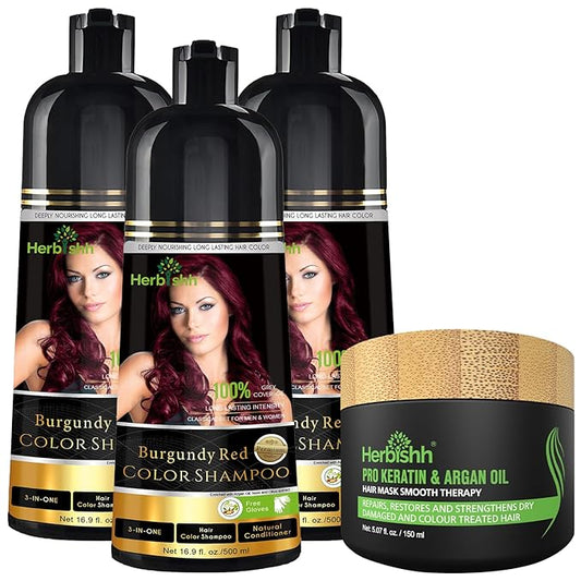 Burgundy 3 in 1 Hair Dye Shampoo Keratin & Argan Oil Hair Mask for Dry Damaged Hair 150 ML