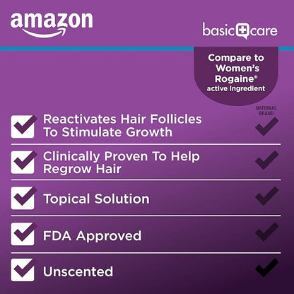 Amazon Basic Care Minoxidil Topical Solution USP, 2% Hair Regrowth Treatment for Women, 3-Month Supply, Unscented, 2 fl oz (Pack of 3)