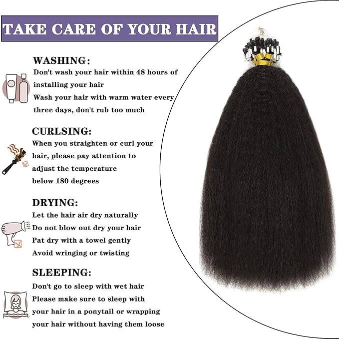 Anrosa Microlink Hair Extensions Human Hair Black Women 100% Human Hair Kinky Straight Microbead Hair Extensions Remy Hair Natural Black #1B Micro Loop Ring Hair Extensions 20Inch 50g