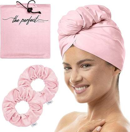 THE PERFECT HAIRCARE Microfiber Hair Towel Wrap + 2 Smooth Large Hair Drying Tie for Wet Hair - Anti-Frizz, Gentle, Super Absorbent Hair Scrunchies for Women - Also Use as a Face Washing Wristband