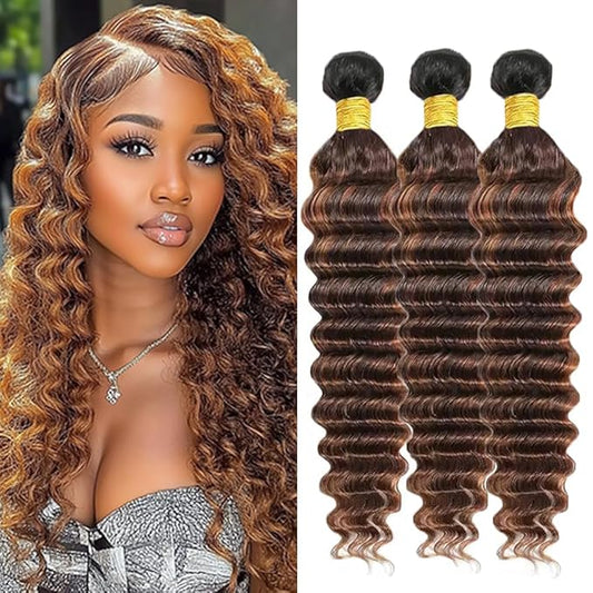Ombre P430 Highlight Deep Wave Bundles Brown and Light Brown Deep Wave Bundles two tone Double Weft Brazilian Human Hair Soft and Silky for Black Women 20 22 24 Inch