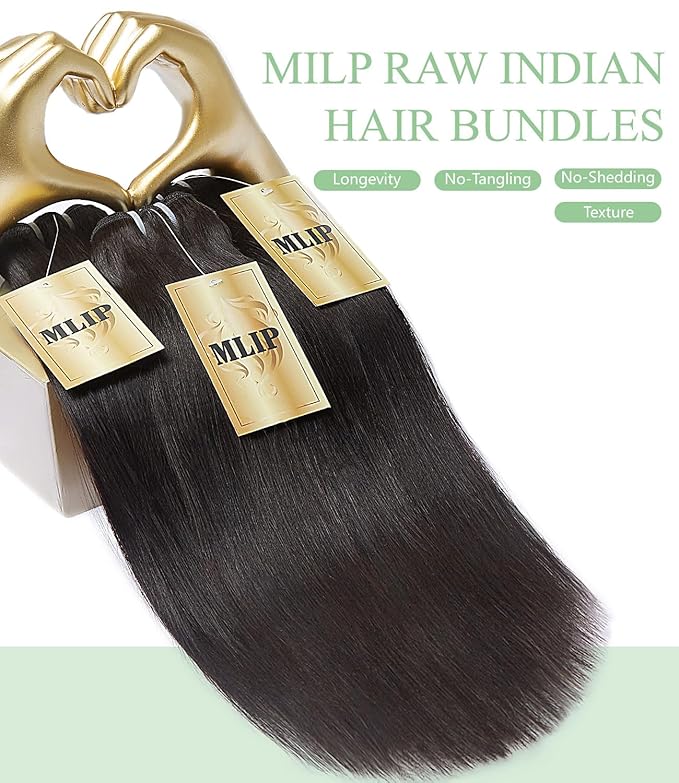 mlip Raw Bundles Human Hair Straight, No Tangle Shedding, Keep Texture Silky Soft After Multiple Washes, 15A Raw Indian Hair Bundles 18 18 18 Inches, Triple Lifespan 3X