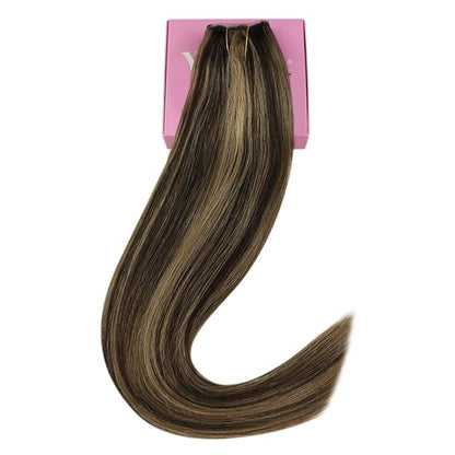 YoungSee 120G Wire Hair Extensions Highlight Fish Line Hair Extensions Human Hair Dark Brown Highlight Blonde Invisible Wire Real Human Hair Extension Heat-Styable for Party 18inch