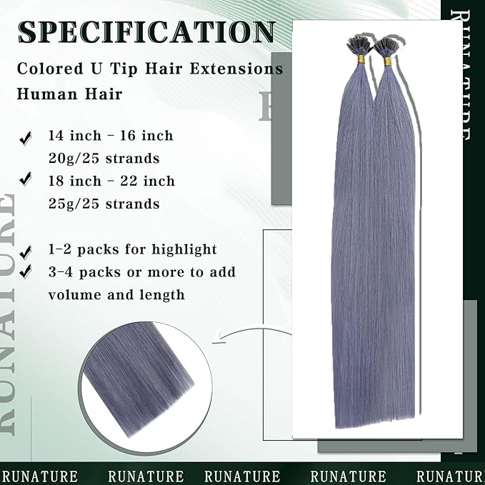 RUNATURE 20 Inch U Tip Human Hair Extensions - Light Blue, Silky Straight, Keratin, Pre Bonded Hot Fusion, 25g, 25s