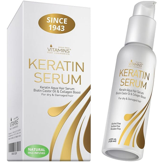 VITAMINS hair cosmetics Keratin Hair Serum for Frizzy and Damaged Hair, Anti Frizz Serum with Biotin, Castor Oil & Collagen for Heat Protection, Shine and Gloss Treatment - 4.25 Fl Oz