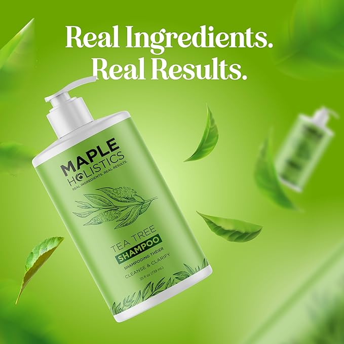 Maple Holistics Tea Tree Oil Shampoo Sulfate Free - Deep Cleansing Vegan Tea Tree Shampoo for Oily Hair and Scalp - Daily for Build up with Rosemary Essential Oil for All Hair Types 25 Fl Oz
