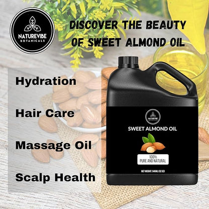 Naturevibe Botanicals Sweet Almond Oil 32 Ounces | 100% Pure and Natural Unrefined Cold Pressed Carrier Oil | Great for Skin Care and Hair Care