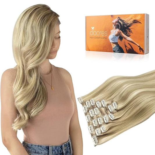 DOORES Hair Extensions Real Human Hair, Light Blonde Highlighted Golden Blonde 12 Inch 80g 7pcs, Remy Hair Extensions Clip in Human Hair Extensions Human Hair Natural Silky Straight