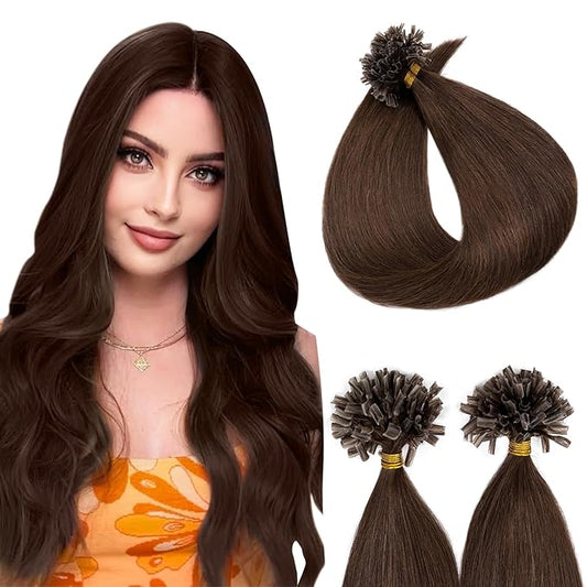U Tip Hair Extensions Human Hair Pre Bonded Extensions Keratin Fusion Extensions K Tip Hair Extensions Real Human Hair Silky Straight Natural 50g/100 Stands 18" Medium Brown